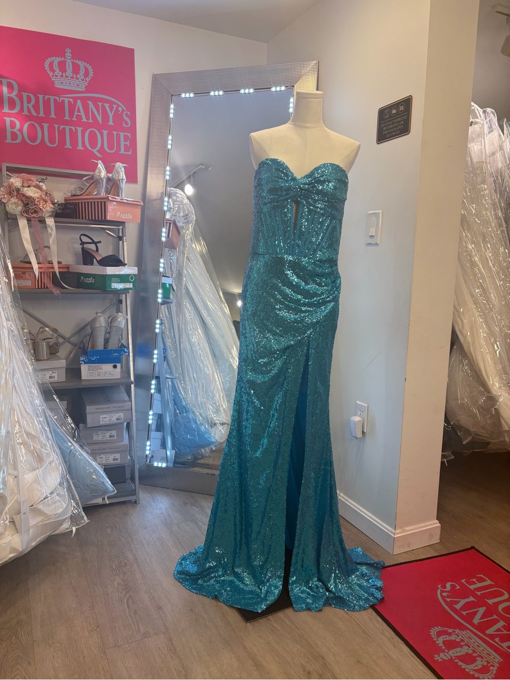 Jovani Teal Sequin Strapless Prom Gown